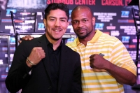 May 18, 2015, Los Angeles,Ca    --  Former two-division world champion and highly-rated pound for pound fighter TIMOTHY "Desert Storm" BRADLEY JR.  and undefeated World Boxing Association (WBA) super lightweight world champion JESSIE VARGAS (pictured with trainer Roy Jones Jr.) will make their long-awaited 2015 debuts when they square off for the vacant Word Boxing Organization (WBO) welterweight title, Saturday, June 27, under the stars at StubHub Center in Carson, Calif.  The Southern California natives' fight will be televised live on HBO World Championship Boxing, beginning at 9:45 p.m. ET/PT.           Promoted by Top Rank®, in association with Tecate, tickets to the Bradley vs. Vargas welterweight championship event go on sale Tomorrow!  Tuesday, May 19, at 10:00 a.m. PT.  Priced at $150, $75, $50 and $25, (plus applicable taxes and fees), tickets can be purchased online at http://www.axs.com, by telephone at (888) 929-7849 or at the StubHub Center box office, Monday - Friday, 10:00 a.m. to 6:00 p.m.     ---   Photo Credit : Chris Farina - Top Rank (no other credit allowed)  copyright 2015