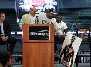 August 24, 2015,  Omaha, Nebraska  --- WBO Jr. Welterweight  champion Terence Crawford(R) (26-0, 18 KOs) attends a  press conference in Omaha, Nebraska Monday to announce his upcoming title defense against world-rated contender Dierry Jean (29-1, 20 KOs), from Montréal, Québec, Canada. Jean lost his passport and was unable to attend.     Promoted by Top Rank®, in association with Tecate, the Crawford vs. Jean championship fight will take place Saturday, October 24, at the CenturyLink Center. The championship event will be televised live on HBO World Championship Boxing®, beginning at 9:30 p.m. ET/PT. (L-R) Jean ,manager Camille Estephan, Top Rank VP, Carl Moretti, Crawford co-mgr, Brian McIntyre.    ---   Photo Credit : Chris Farina - Top Rank (no other credit allowed)  copyright 2015