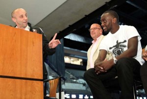 August 24, 2015,  Omaha, Nebraska  --- WBO Jr. Welterweight  champion Terence Crawford (R) (26-0, 18 KOs) listens as Dierry Jean, trainer ,Mike Moffa (L) speaks and Top Rank VP, Carl Moretti (ctr),looks on during a  press conference in Omaha, Nebraska Monday to announce his upcoming title defense against world-rated contender Dierry Jean (29-1, 20 KOs), from Montréal, Québec, Canada. Jean lost his passport and was unable to attend.     Promoted by Top Rank®, in association with Tecate, the Crawford vs. Jean championship fight will take place Saturday, October 24, at the CenturyLink Center. The championship event will be televised live on HBO World Championship Boxing®, beginning at 9:30 p.m. ET/PT.   ---   Photo Credit : Chris Farina - Top Rank (no other credit allowed)  copyright 2015