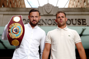 LONDON, ENGLAND - JULY 22:  Andy Lee (L) and Billy Joe Saunders (R)  pose for a photo ahead of the Andy Lee and Billy Joe Saunders Press Conference at the Grosvenor House Hotel on July 22, 2015 in London, England.  (Photo by Jordan Mansfield/Getty Images)