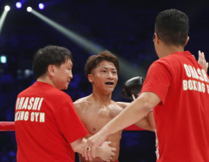 Japanese champion Naoya Inoue celebrates after knocking out challenger Ricardo Rodriguez of the U.S. in the third round of their WBO super flyweight boxing world title match in Tokyo, Sunday, May 21, 2017. Inoue defeated Rodriguez in the round to defend his title. (AP Photo/Toru Takahashi)