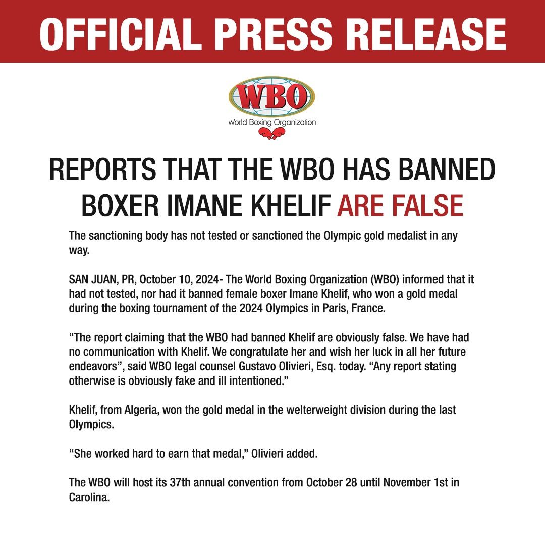 REPORTS THAT THE WBO HAS BANNED BOXER IMANE KHELIF ARE FALSE - WBO